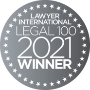 Large text: 'Lawyer International Legal 100 2021 winner' Dotwork sphere.
